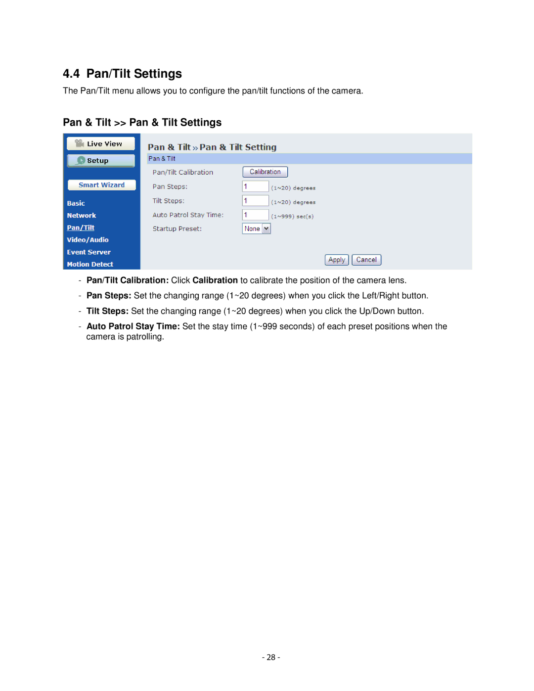 Airlink101 AICN1747W user manual Pan/Tilt Settings, Pan & Tilt Pan & Tilt Settings 