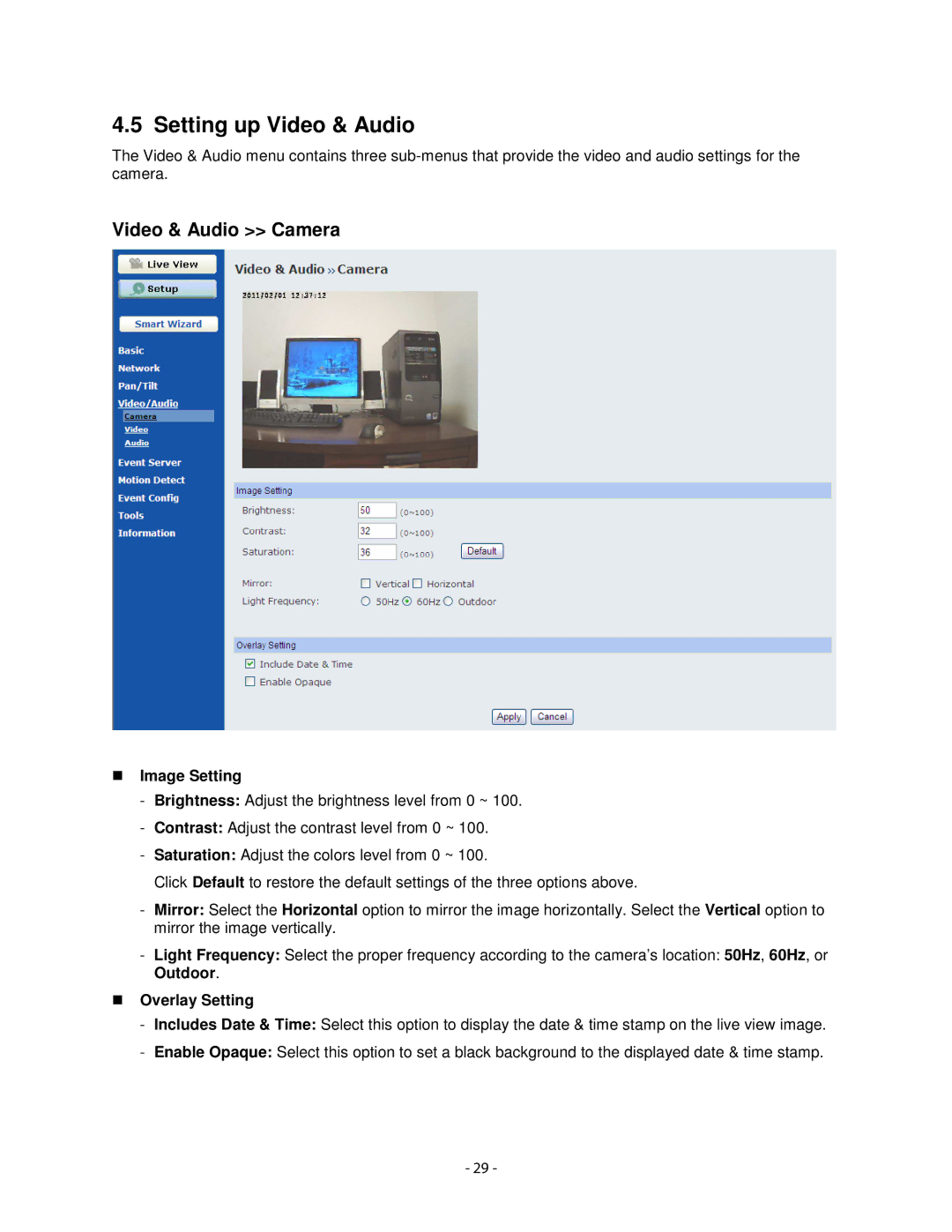 Airlink101 AICN1747W user manual Setting up Video & Audio, Video & Audio Camera, Image Setting, Overlay Setting 