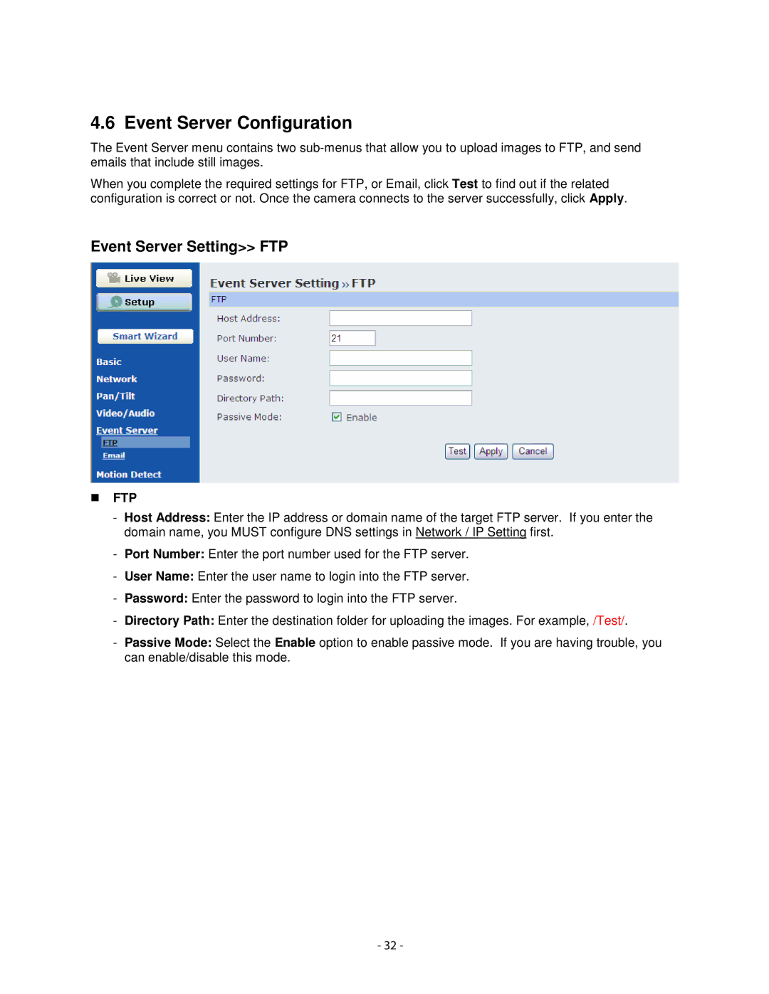 Airlink101 AICN1747W user manual Event Server Configuration, Event Server Setting FTP 