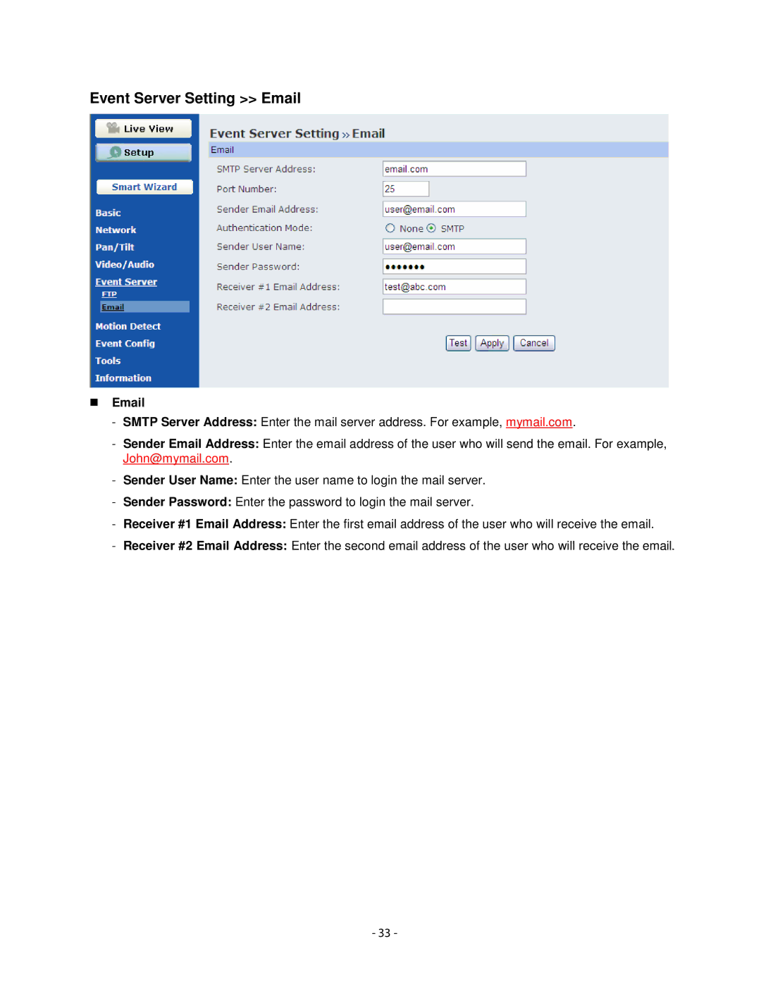 Airlink101 AICN1747W user manual Event Server Setting Email 