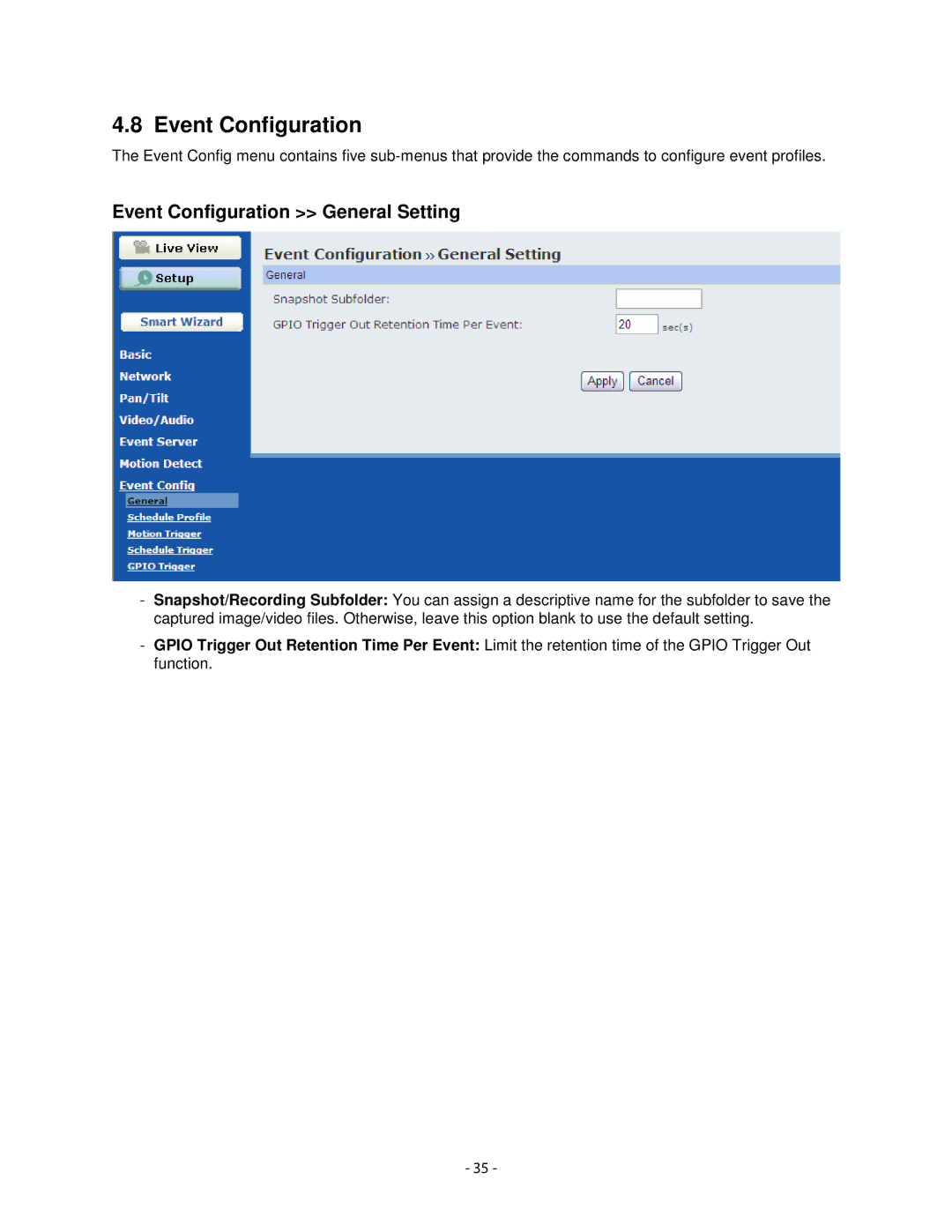 Airlink101 AICN1747W user manual Event Configuration General Setting 