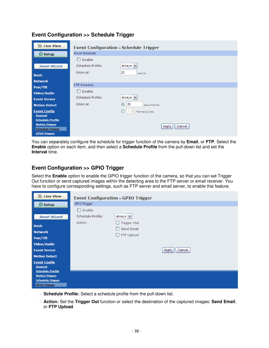 Airlink101 AICN1747W user manual Event Configuration Schedule Trigger, Event Configuration Gpio Trigger 