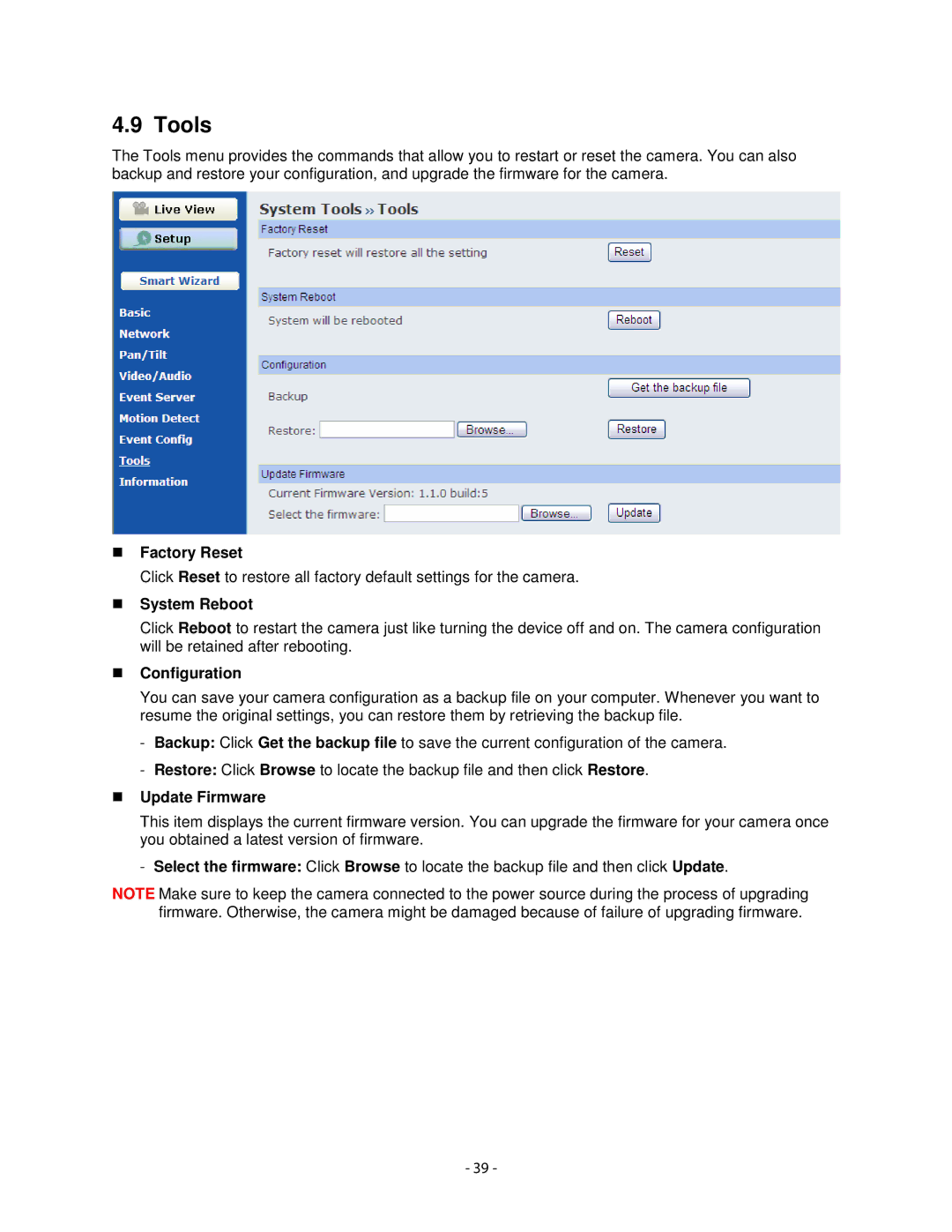 Airlink101 AICN1747W user manual Tools, Factory Reset, System Reboot, Configuration, Update Firmware 