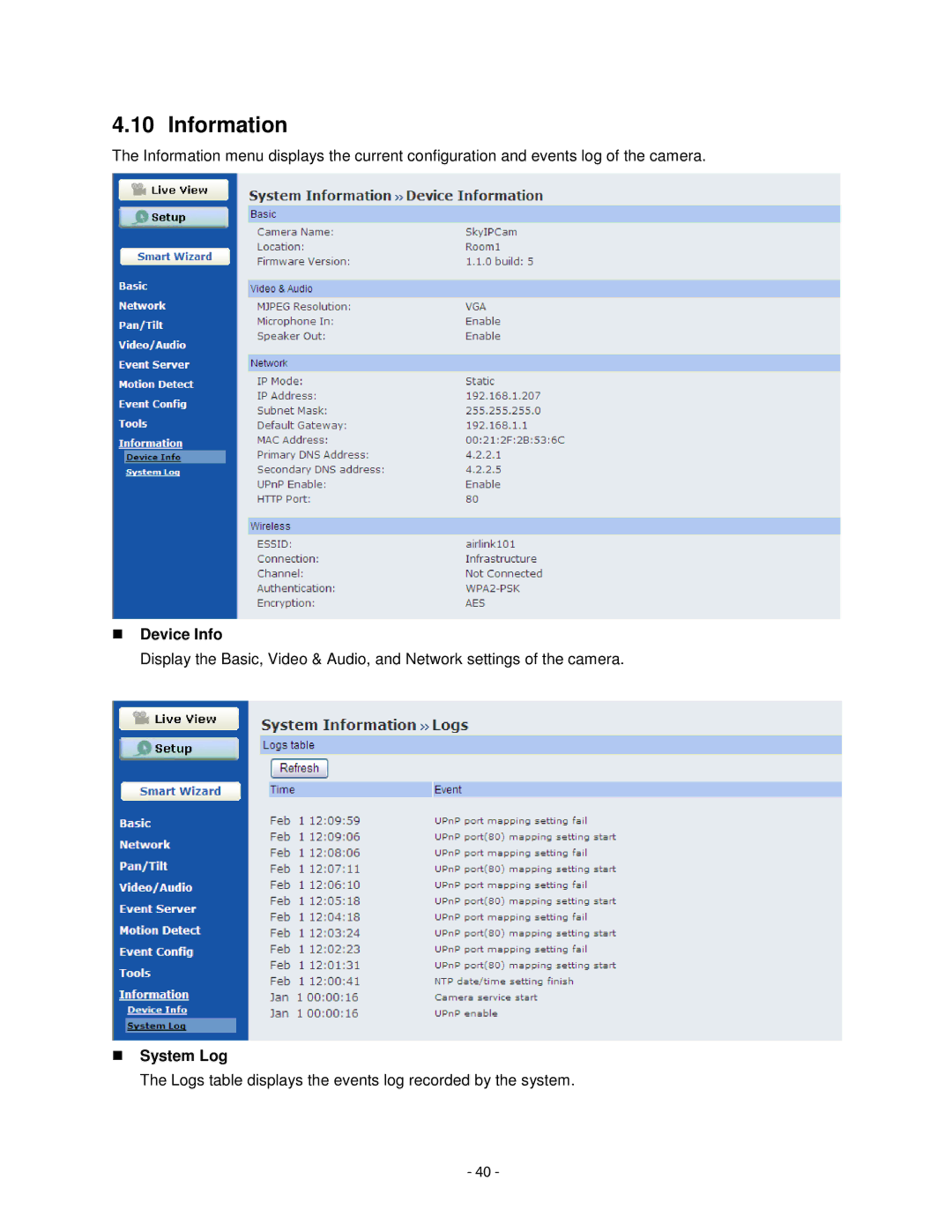 Airlink101 AICN1747W user manual Information, Device Info, System Log 