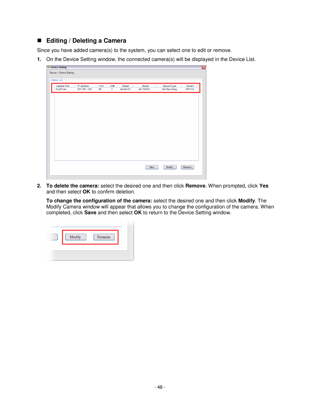 Airlink101 AICN1747W user manual Editing / Deleting a Camera 