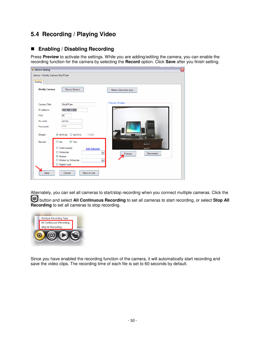 Airlink101 AICN1747W user manual Recording / Playing Video, Enabling / Disabling Recording 