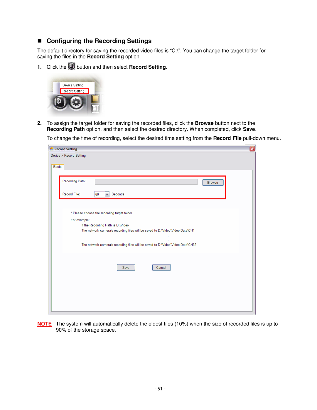 Airlink101 AICN1747W user manual Configuring the Recording Settings 