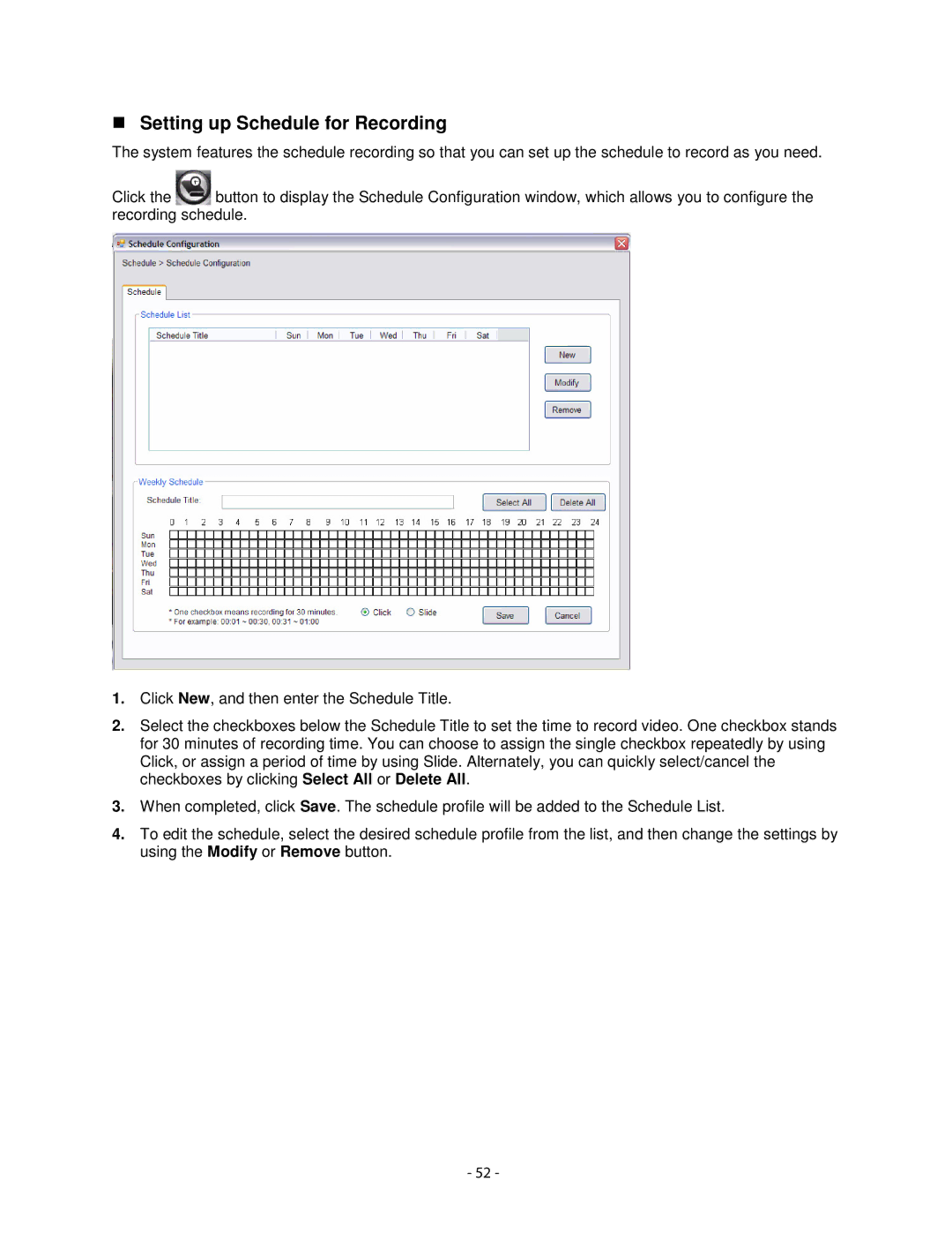 Airlink101 AICN1747W user manual Setting up Schedule for Recording 