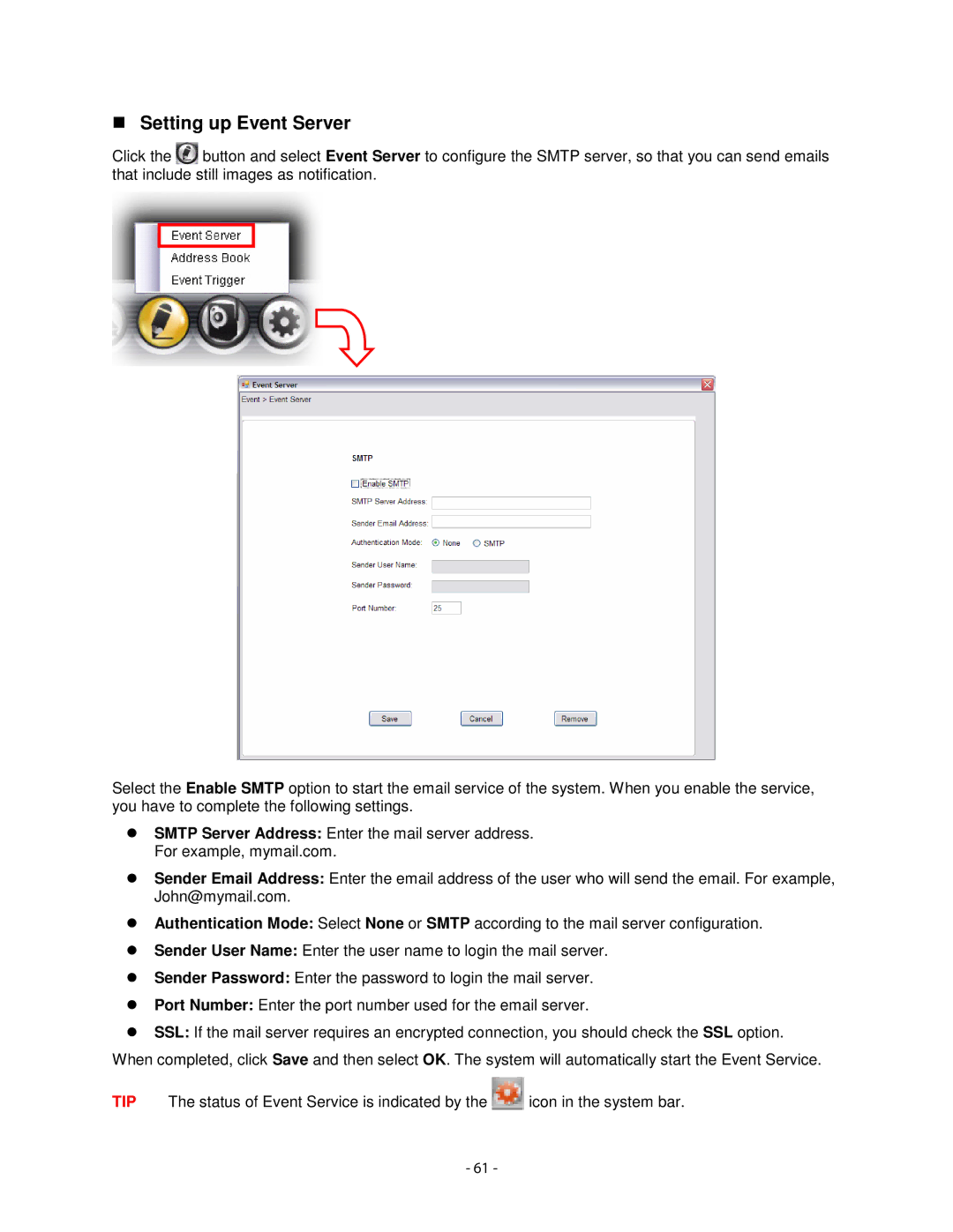 Airlink101 AICN1747W user manual Setting up Event Server 