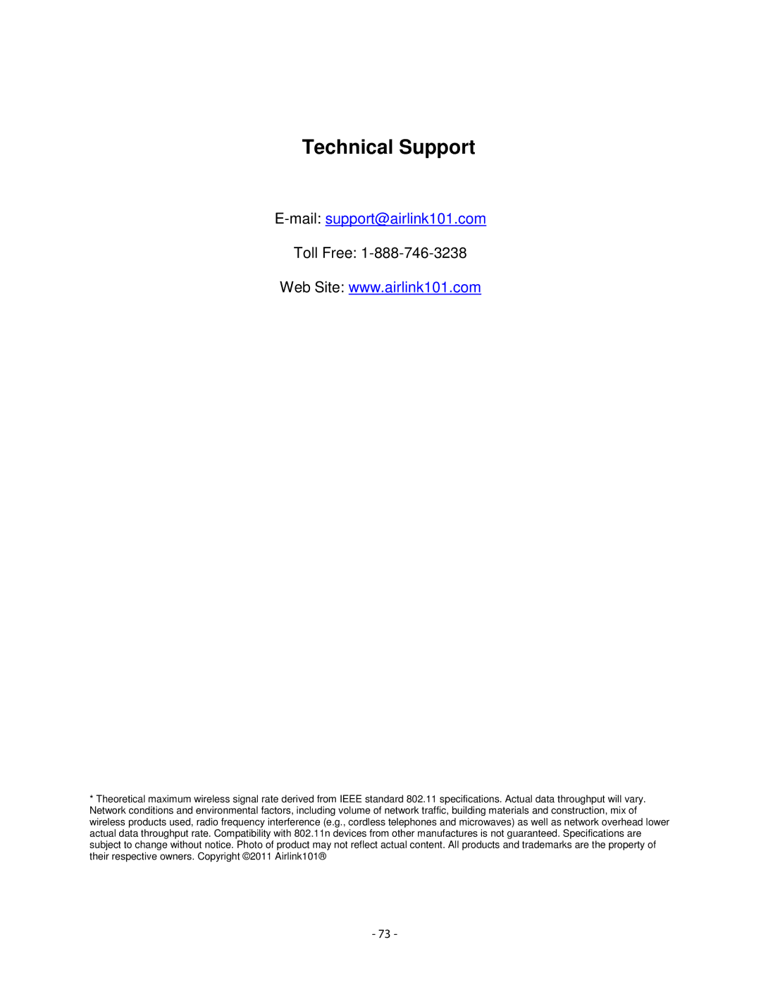 Airlink101 AICN1747W user manual Technical Support 