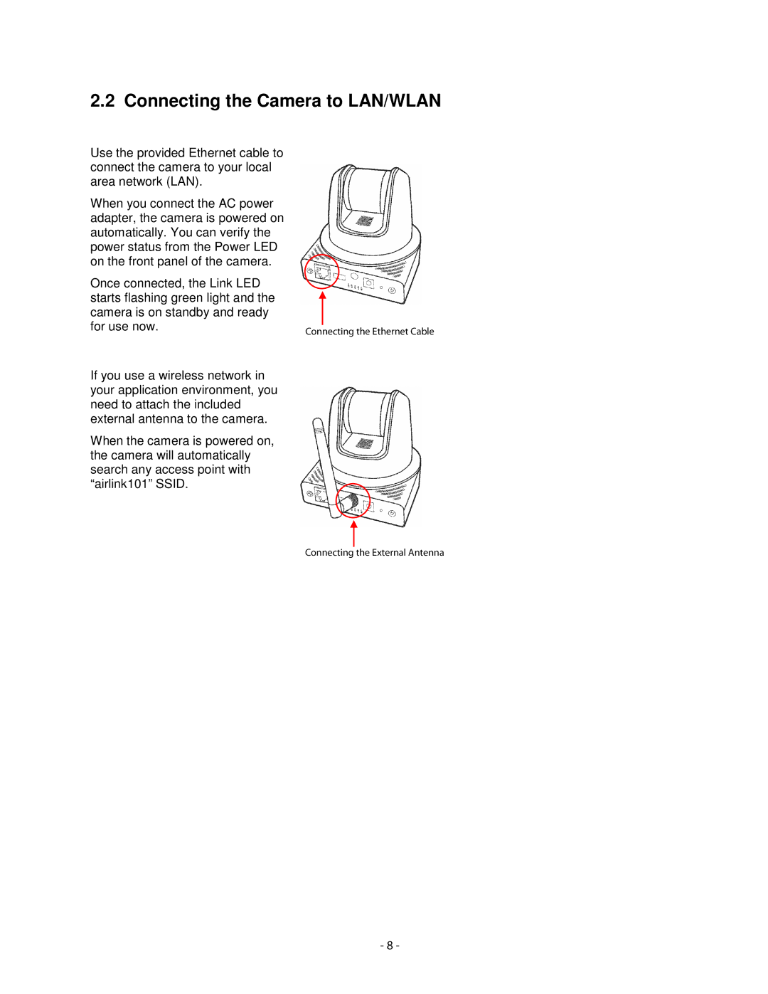 Airlink101 AICN1747W user manual Connecting the Camera to LAN/WLAN 