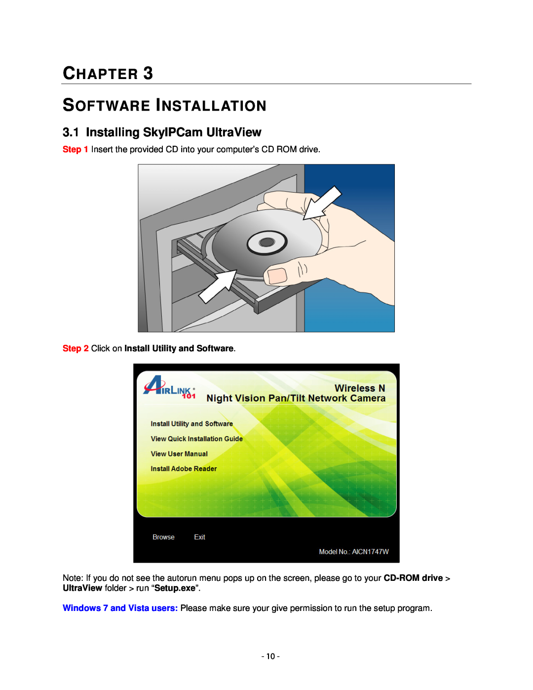 Airlink101 AICN1747W Software Installation, Installing SkyIPCam UltraView, Chapter, Click on Install Utility and Software 