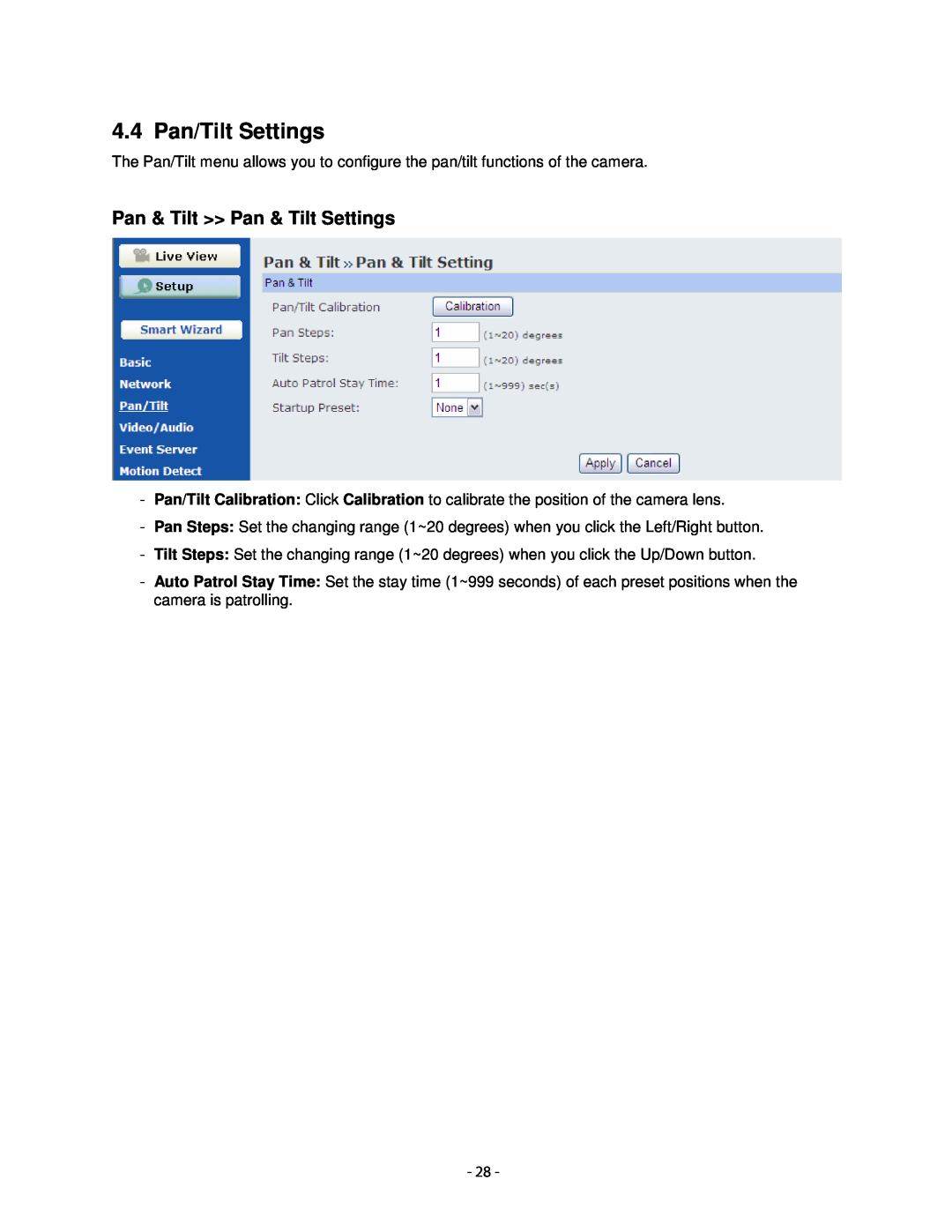 Airlink101 AICN1747W user manual 4.4 Pan/Tilt Settings, Pan & Tilt Pan & Tilt Settings 