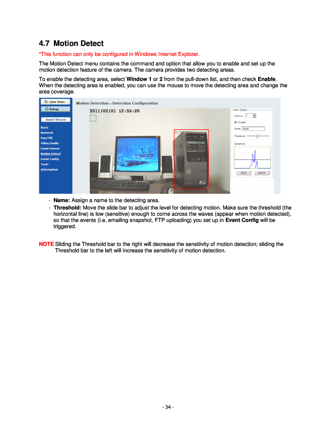 Airlink101 AICN1747W user manual Motion Detect, This function can only be configured in Windows Internet Explorer 