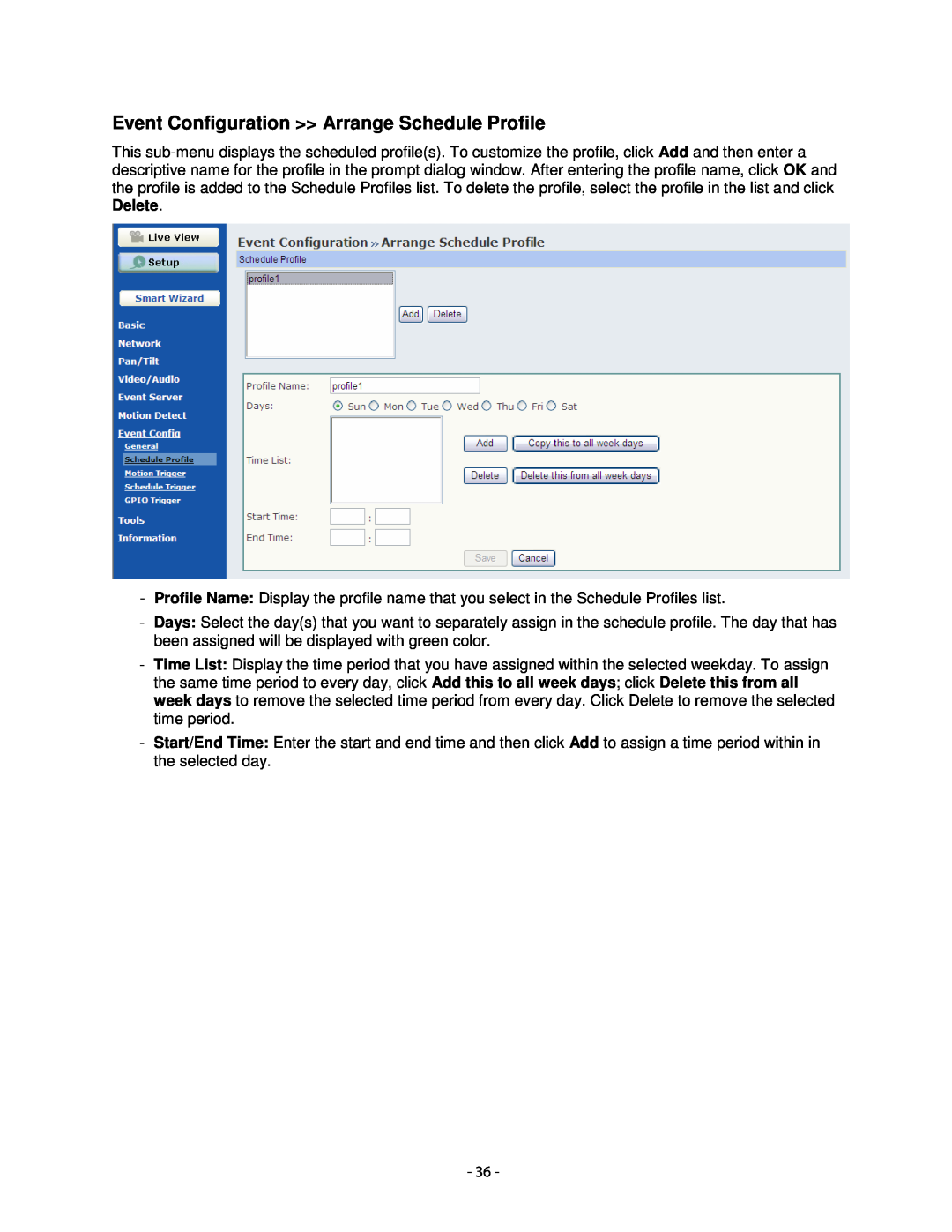Airlink101 AICN1747W user manual Event Configuration Arrange Schedule Profile 
