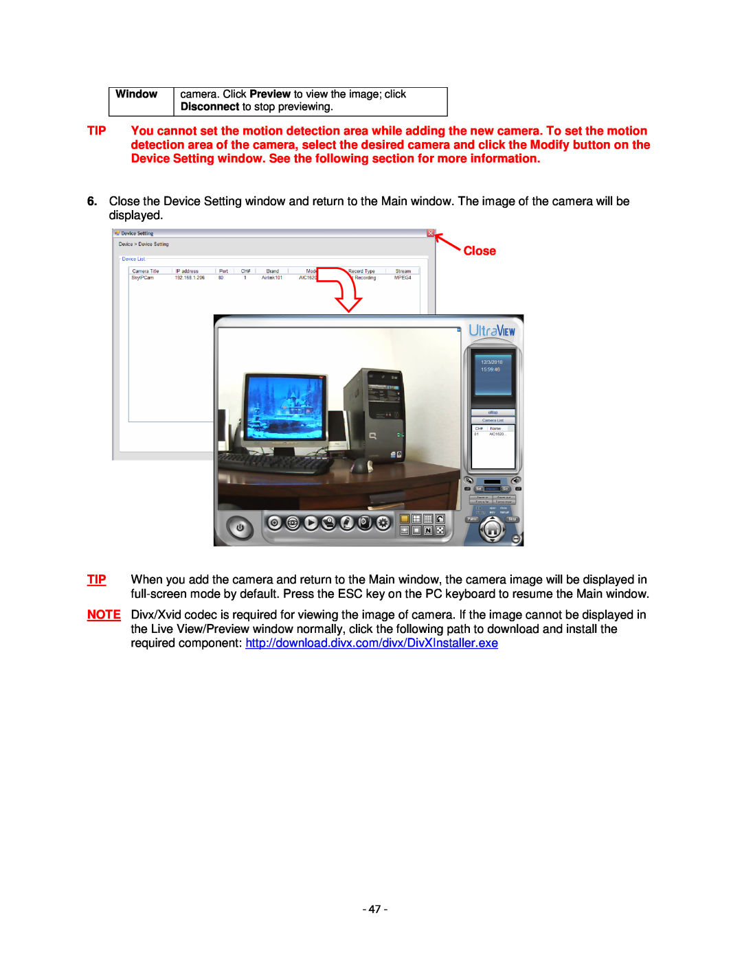 Airlink101 AICN1747W user manual Device Setting window. See the following section for more information, Close, Window 