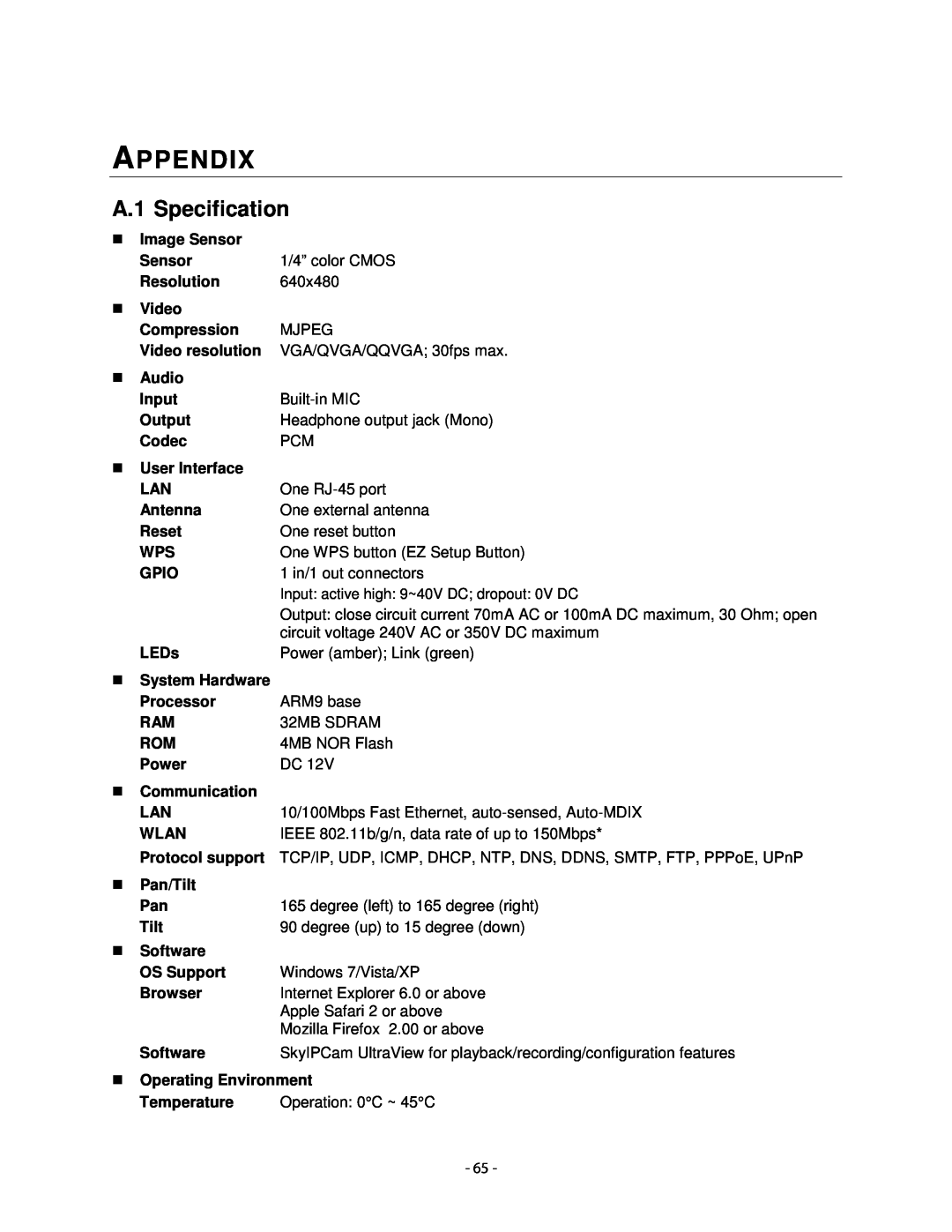 Airlink101 AICN1747W user manual Appendix, A.1 Specification 