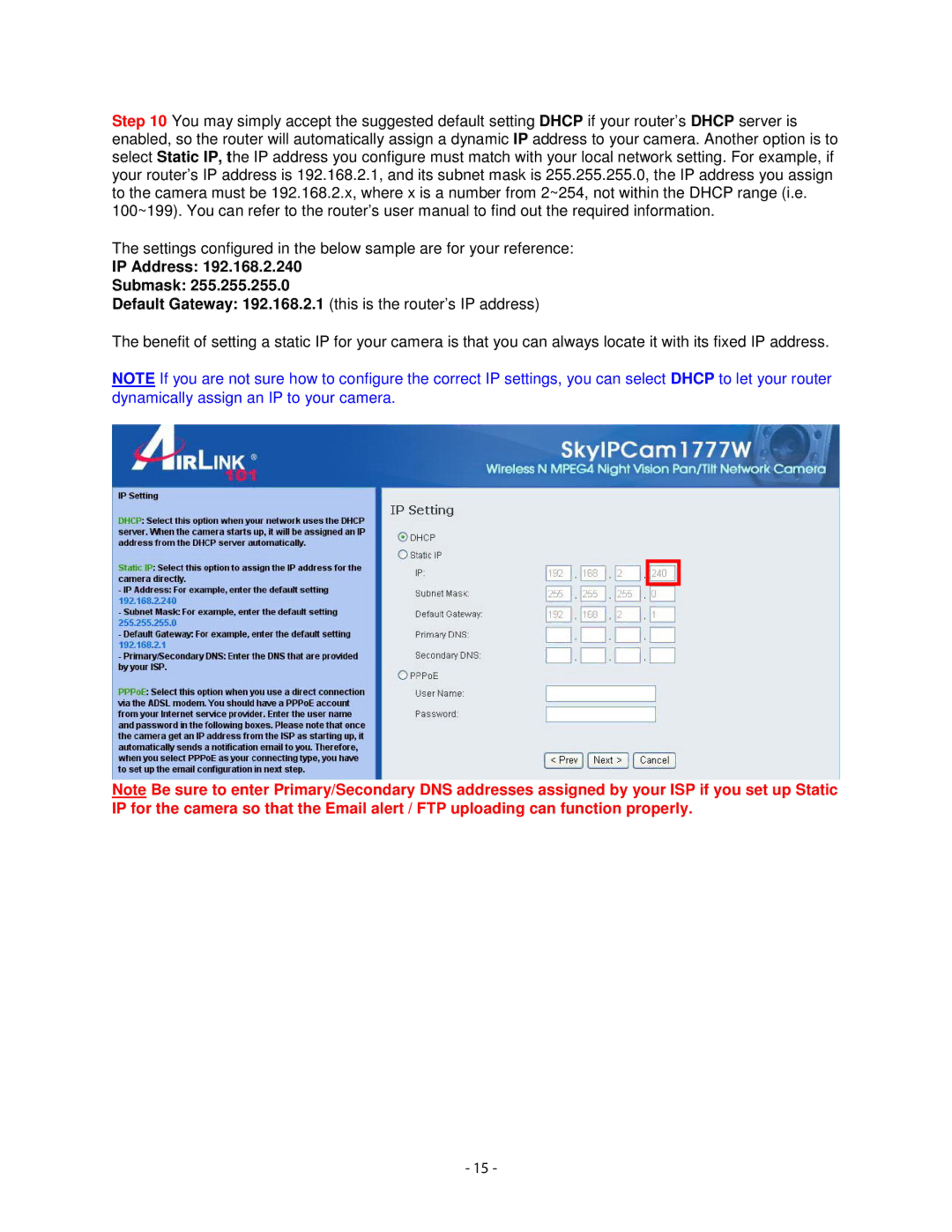 Airlink101 AICN1777W user manual IP Address Submask 