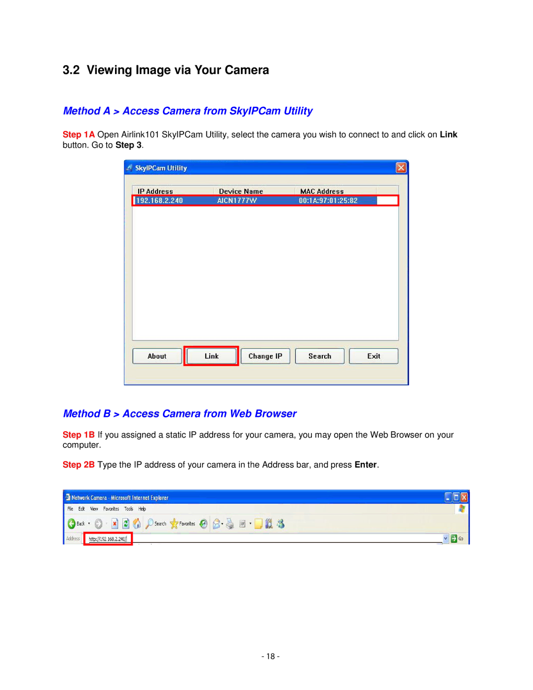 Airlink101 AICN1777W user manual Viewing Image via Your Camera, Method a Access Camera from SkyIPCam Utility 