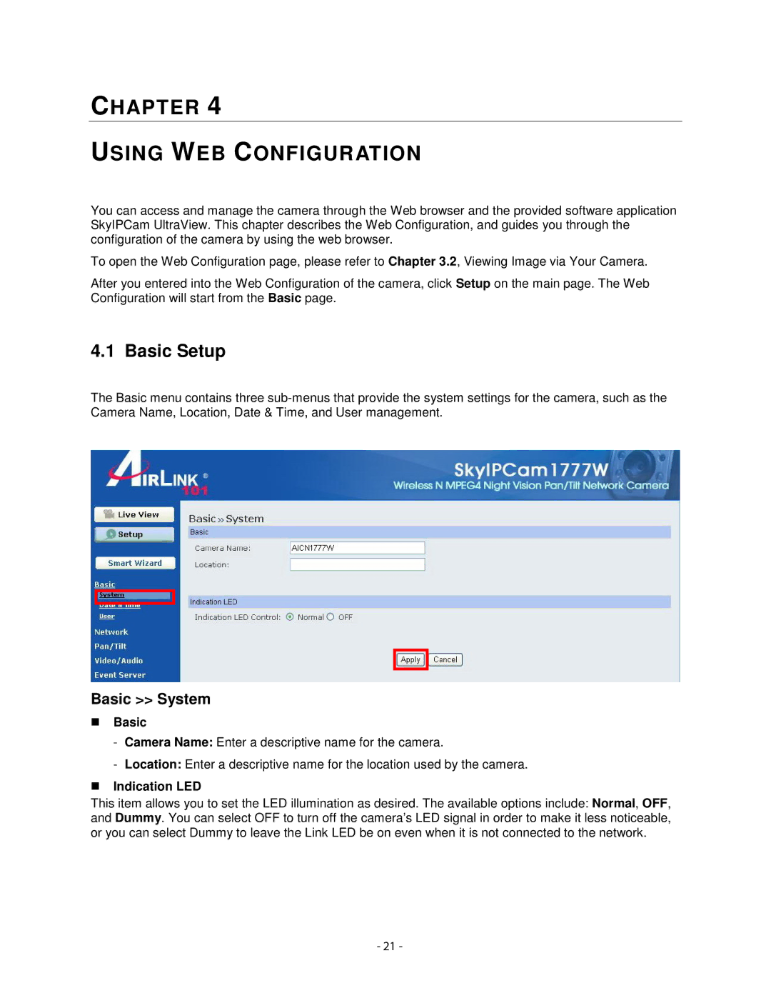 Airlink101 AICN1777W user manual Basic Setup, Basic System, Indication LED 