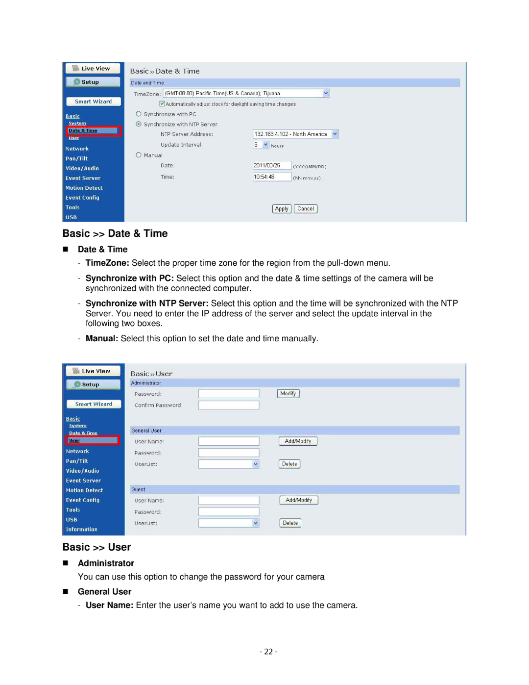 Airlink101 AICN1777W user manual Basic Date & Time, Basic User, Administrator, General User 