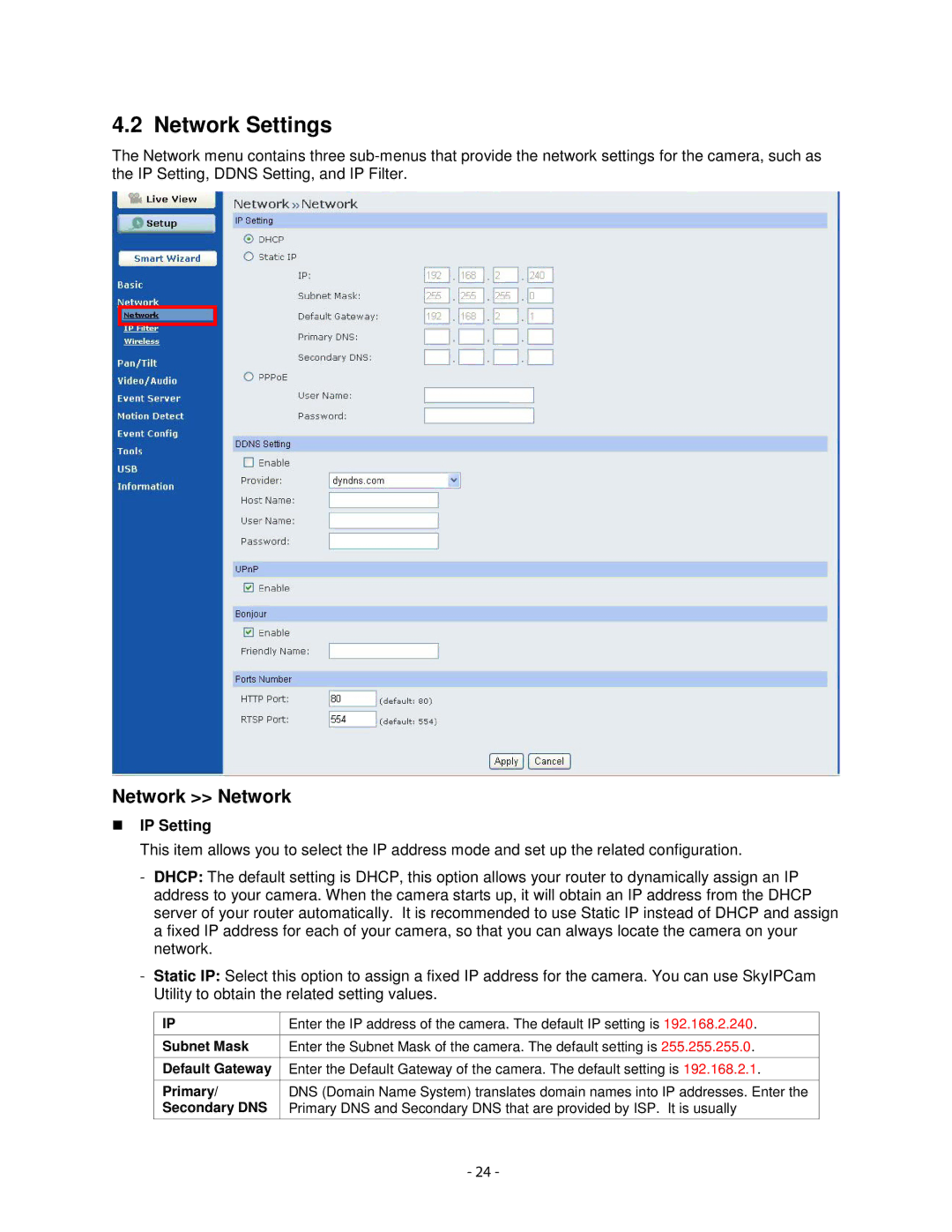 Airlink101 AICN1777W user manual Network Settings, Network Network, IP Setting 