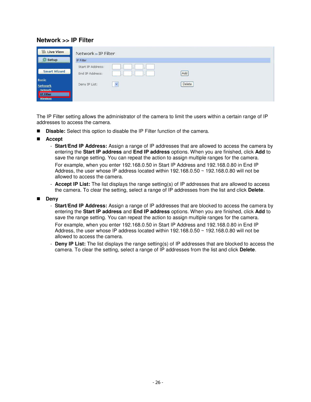 Airlink101 AICN1777W user manual Network IP Filter, Accept, Deny 