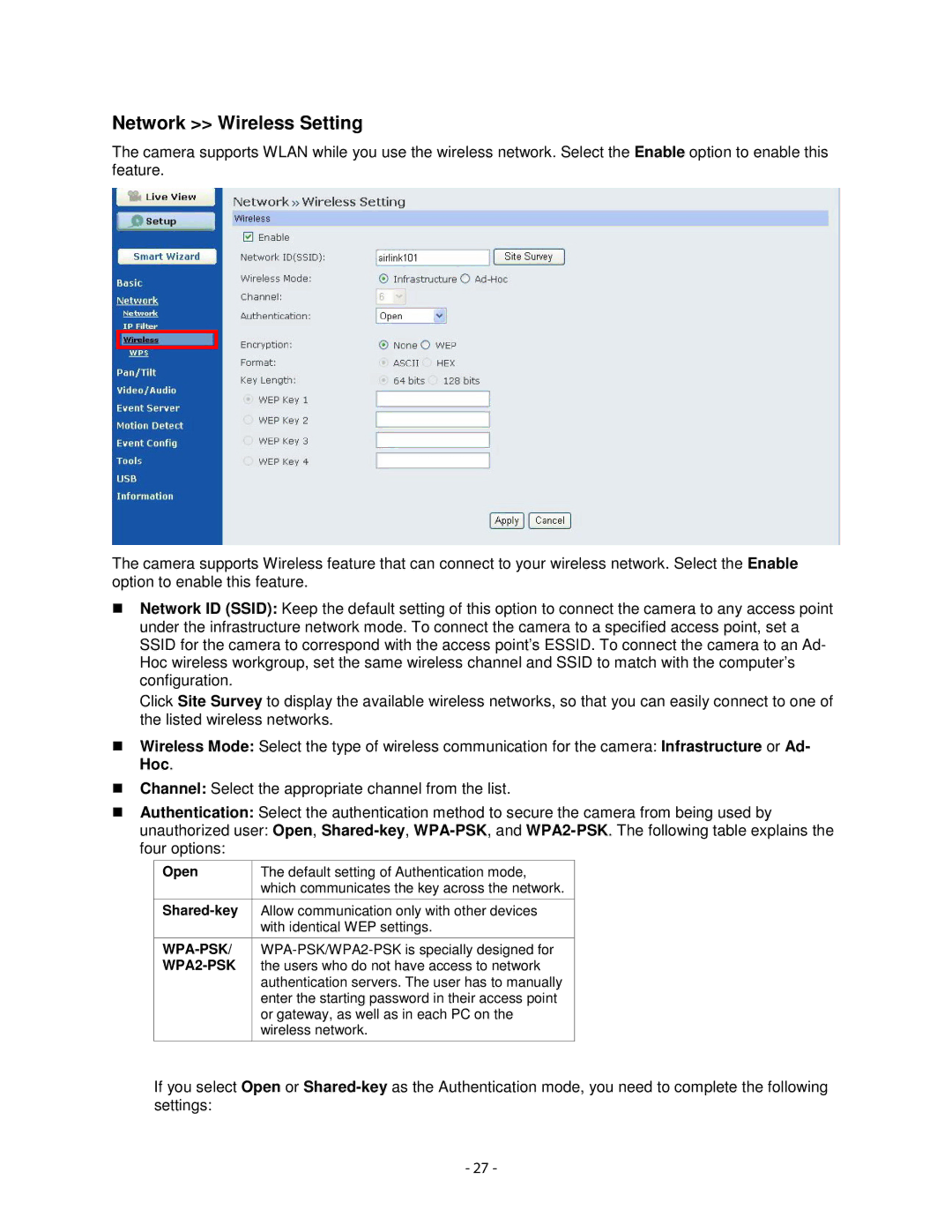 Airlink101 AICN1777W user manual Network Wireless Setting, WPA2-PSK 