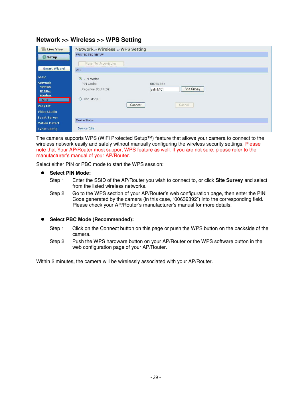 Airlink101 AICN1777W user manual Network Wireless WPS Setting, Select PIN Mode, Select PBC Mode Recommended 