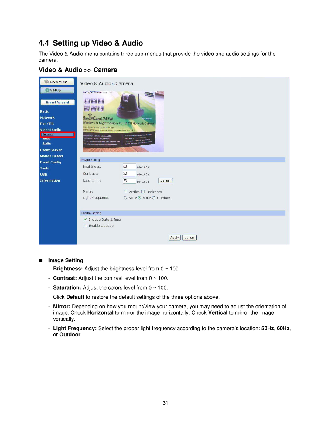 Airlink101 AICN1777W user manual Setting up Video & Audio, Video & Audio Camera, Image Setting 