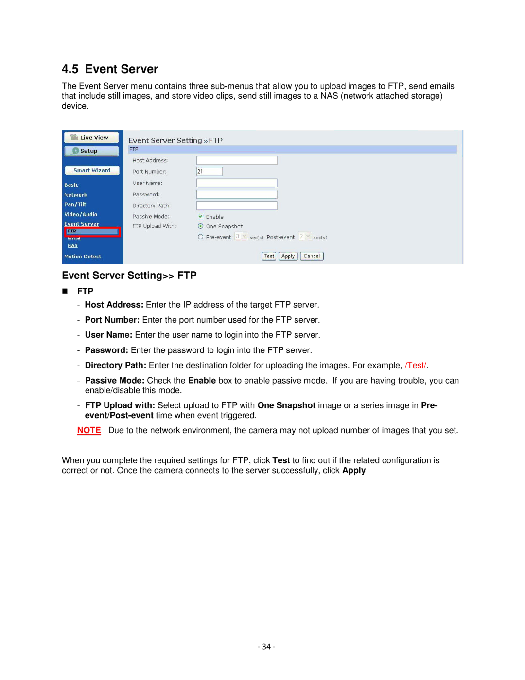 Airlink101 AICN1777W user manual Event Server Setting FTP 