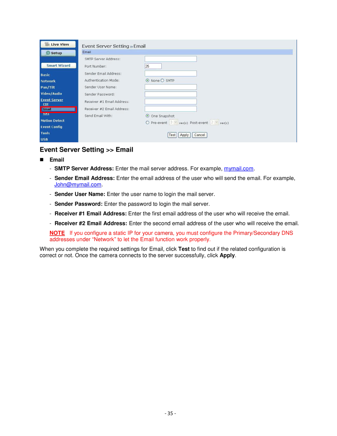 Airlink101 AICN1777W user manual Event Server Setting Email 