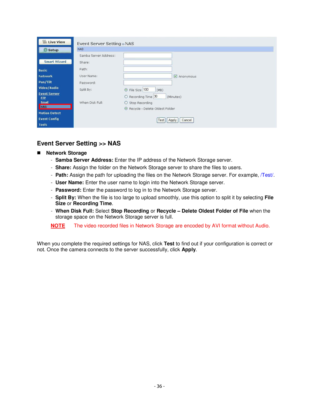 Airlink101 AICN1777W user manual Event Server Setting NAS, Network Storage 