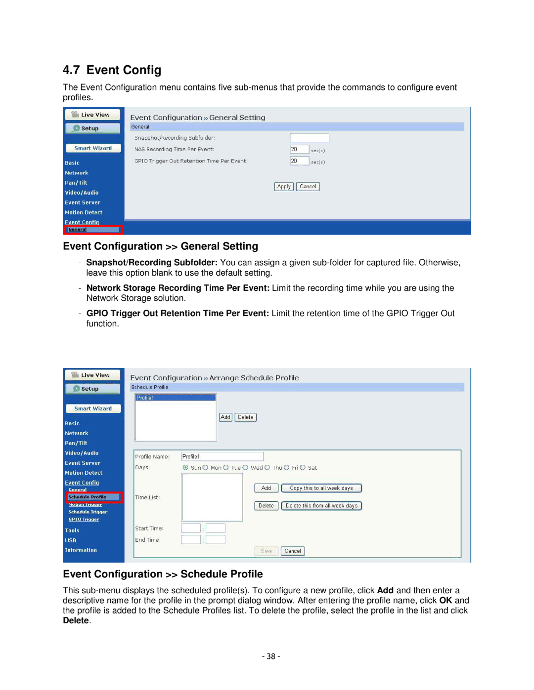 Airlink101 AICN1777W user manual Event Configuration General Setting, Event Configuration Schedule Profile 