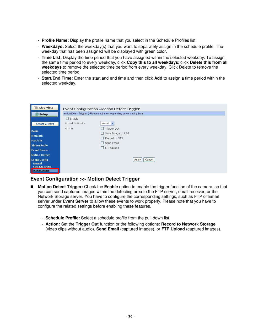 Airlink101 AICN1777W user manual Event Configuration Motion Detect Trigger 