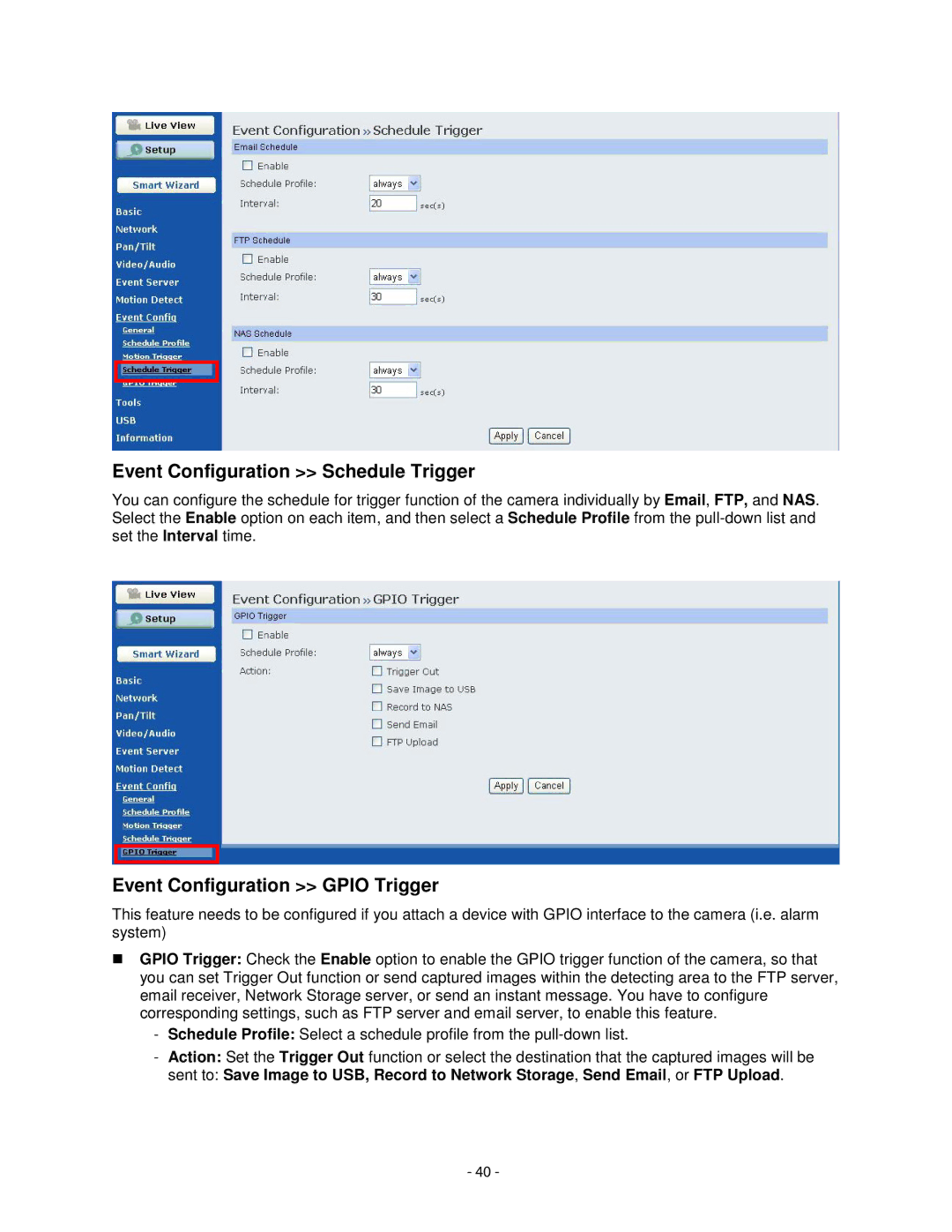 Airlink101 AICN1777W user manual Event Configuration Schedule Trigger, Event Configuration Gpio Trigger 