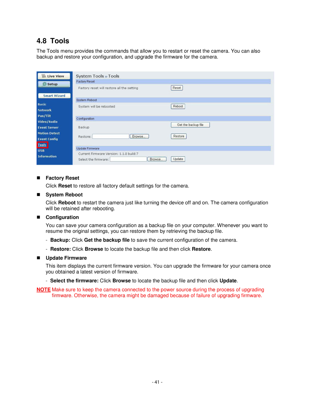 Airlink101 AICN1777W user manual Tools, Factory Reset, System Reboot, Configuration, Update Firmware 