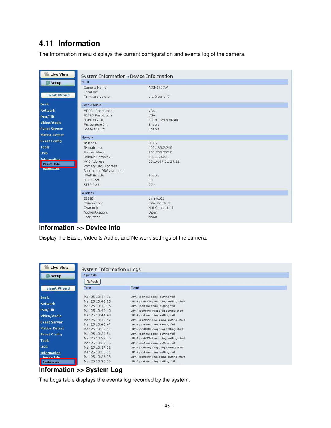 Airlink101 AICN1777W user manual Information Device Info, Information System Log 