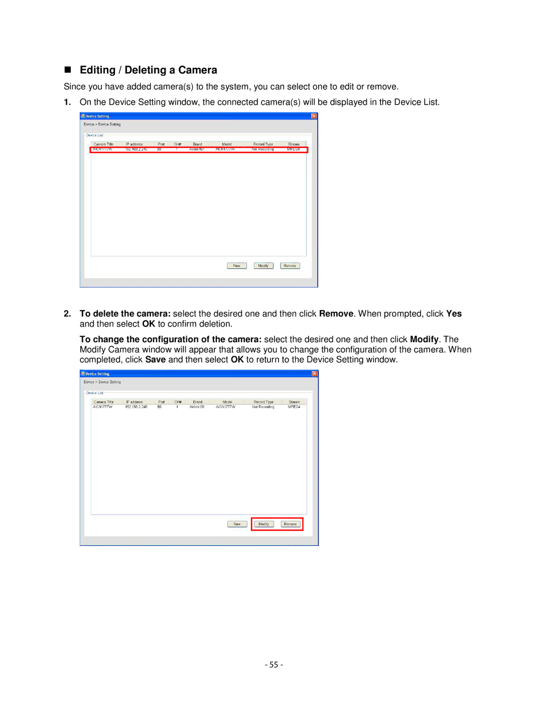 Airlink101 AICN1777W user manual Editing / Deleting a Camera 