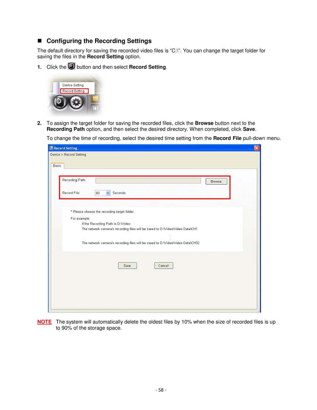 Airlink101 AICN1777W user manual Configuring the Recording Settings 