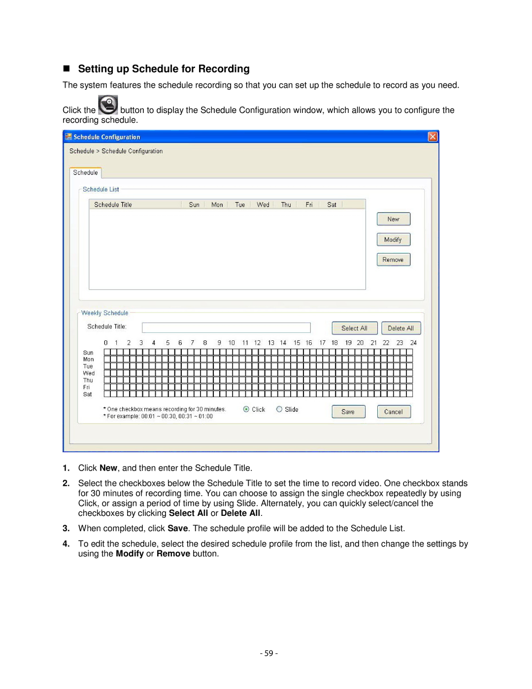 Airlink101 AICN1777W user manual Setting up Schedule for Recording 