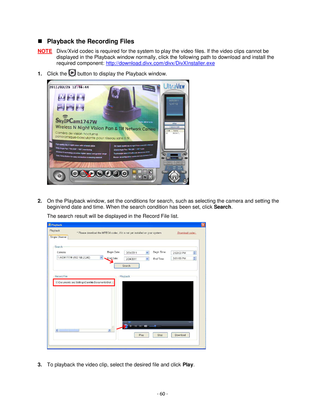 Airlink101 AICN1777W user manual Playback the Recording Files 