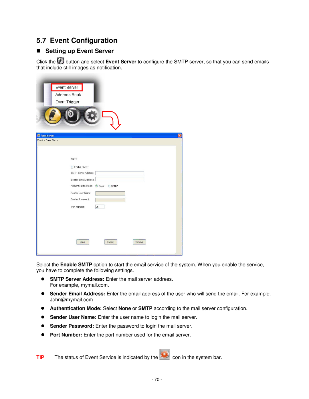 Airlink101 AICN1777W user manual Event Configuration, Setting up Event Server 