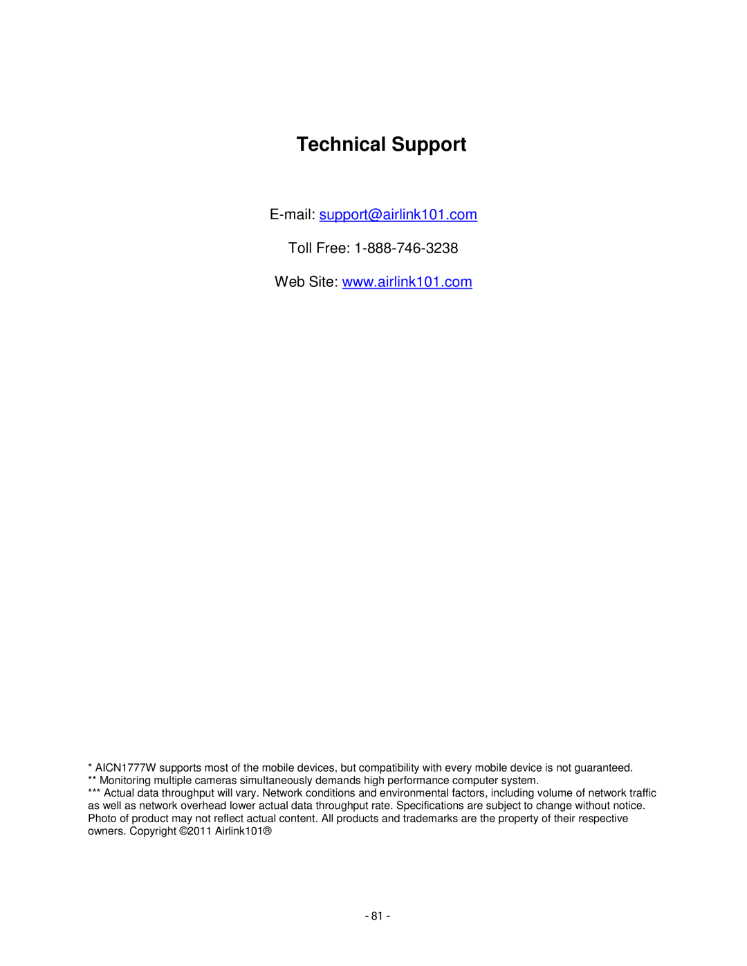 Airlink101 AICN1777W user manual Technical Support 