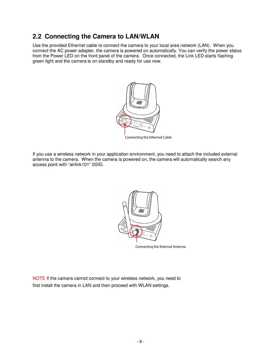 Airlink101 AICN1777W user manual Connecting the Camera to LAN/WLAN 