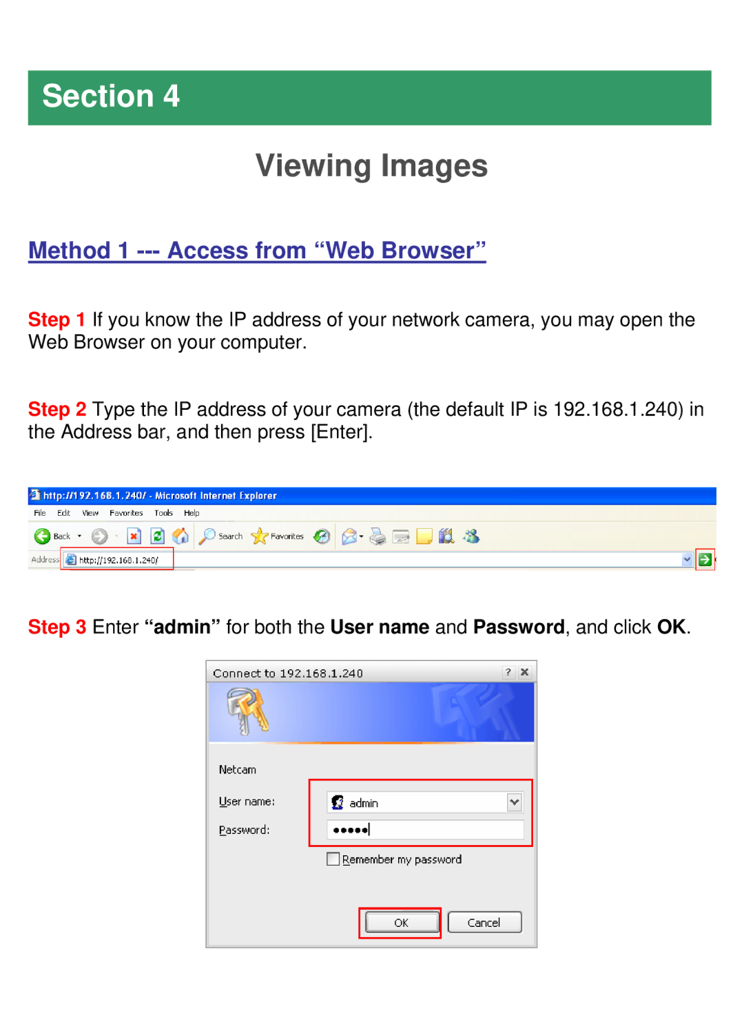 Airlink101 AICN500 manual Viewing Images, Method 1 --- Access from Web Browser 