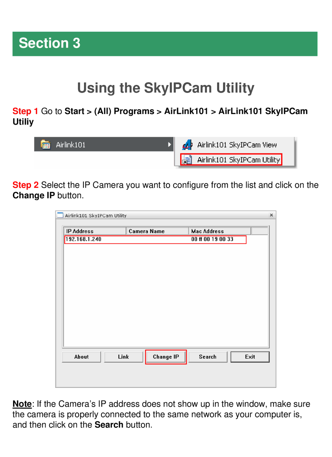 Airlink101 AICN500 manual Using the SkyIPCam Utility 