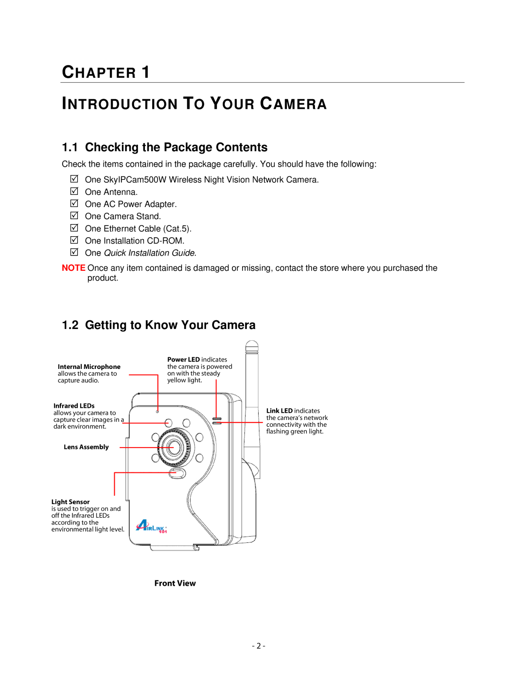 Airlink101 AICN500W user manual Checking the Package Contents, Getting to Know Your Camera 