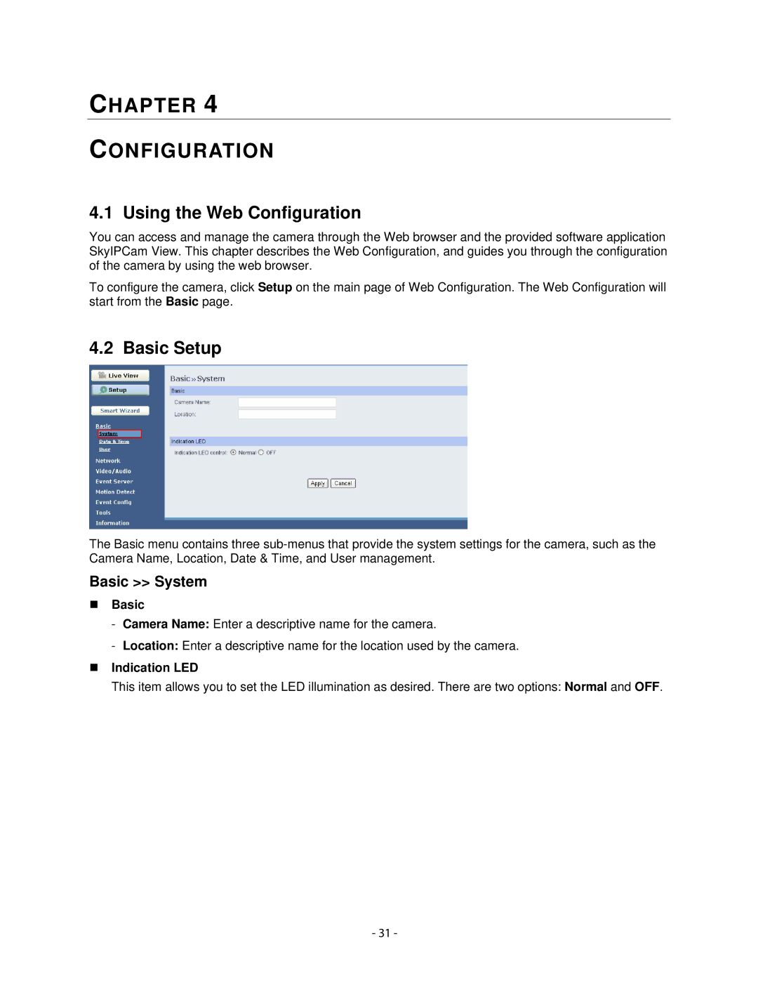 Airlink101 AICN500W user manual Using the Web Configuration, Basic Setup, Basic System, „ Basic, „ Indication LED 