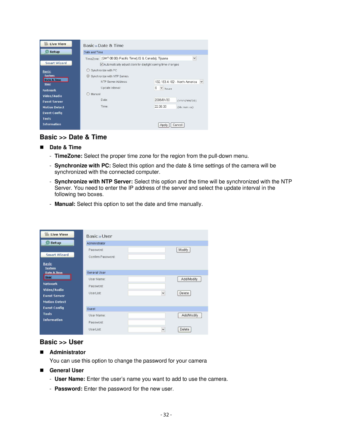 Airlink101 AICN500W user manual Basic Date & Time, Basic User, „ Date & Time, „ Administrator, „ General User 